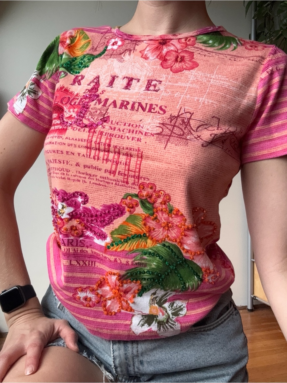 Papa Y2K Pink Floral Graphic Beaded  Tee
